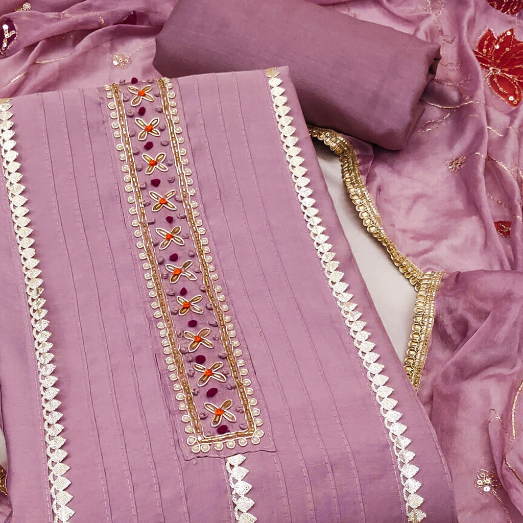 Onion Pink Cotton Silk Dress Material Embellished With Elegant Moti Handwork & Gota Patti Lace