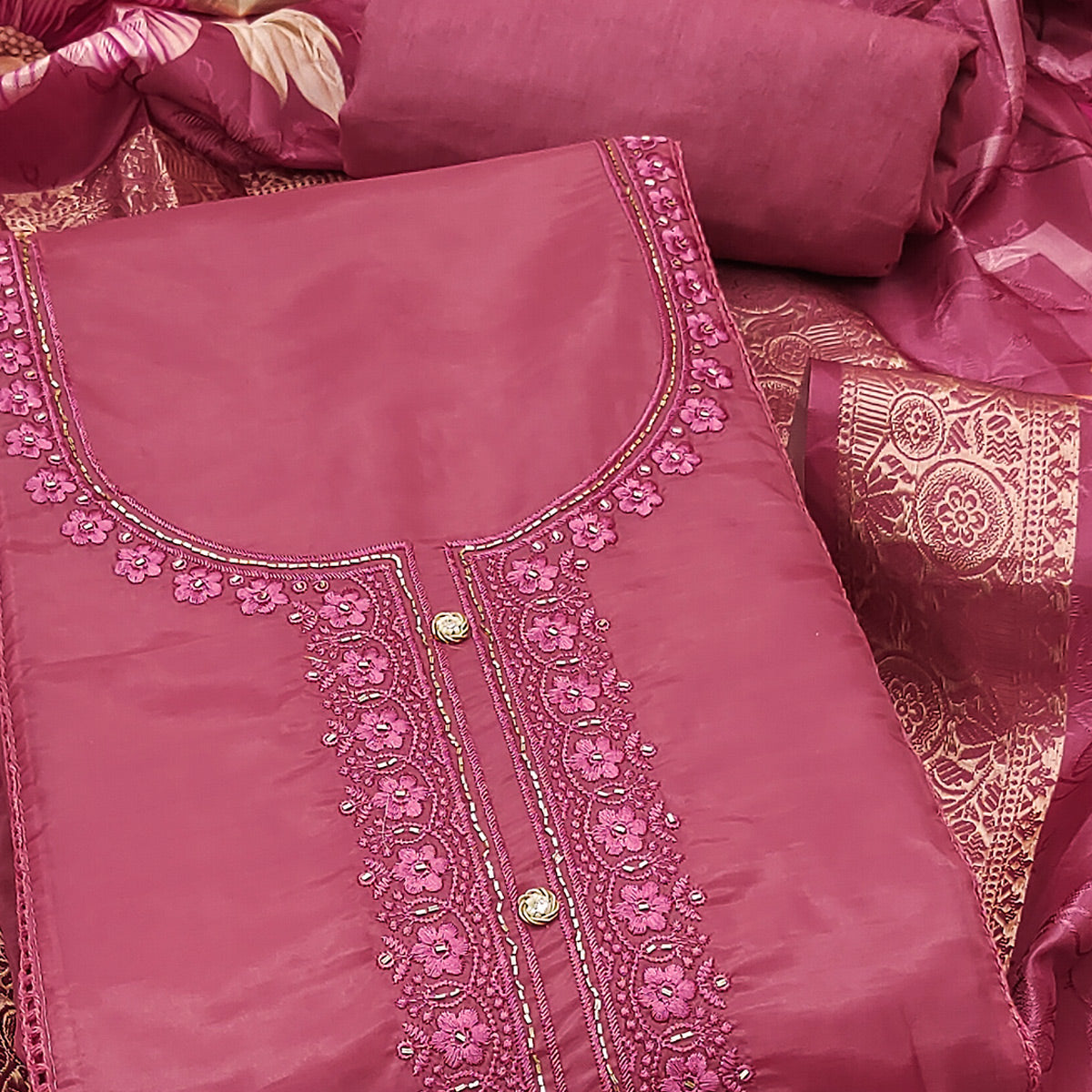 Pink Organza Dress Material Adorned With Floral Thread Embroidery & Elegant Handwork