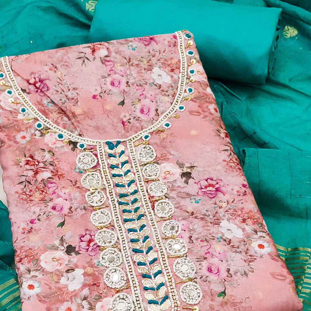 Light Pink Floral Digital Printed Cotton Blend Dress Material Embellished With Moti Hand Embroidery
