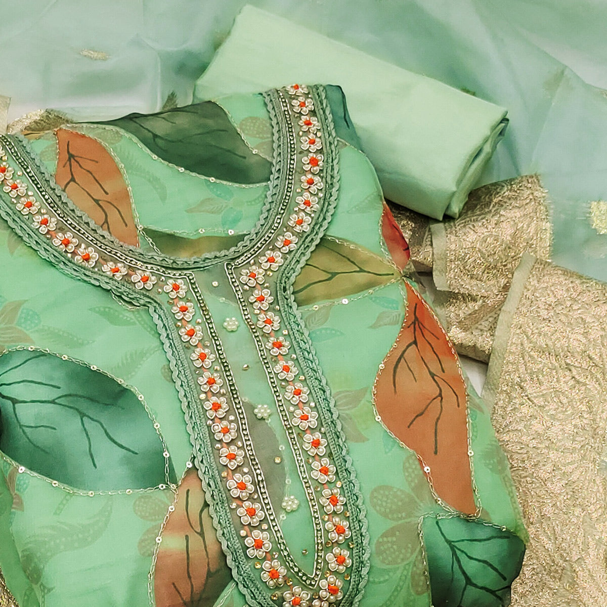 Green Floral Printed With Hand Embroidered Organza Dress Material