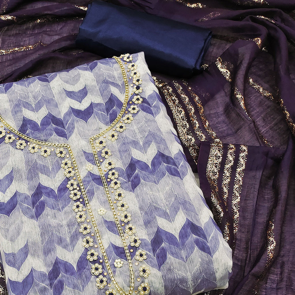 Blue Printed With Handwork Chanderi Silk Dress Material