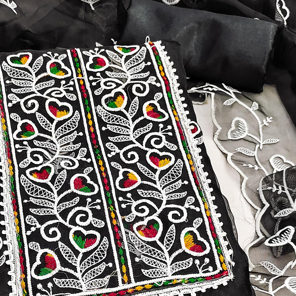 Black Organza Dress Material With Intricate Floral Embroidery Work