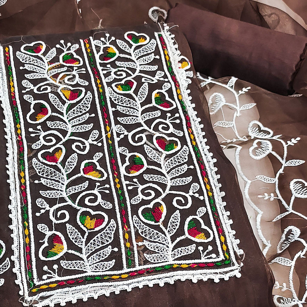 Brown Organza Dress Material With Intricate Floral Embroidery Work