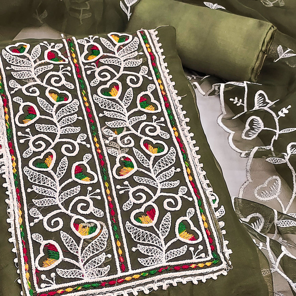 Mehendi Green Organza Dress Material With Intricate Floral Embroidery Work