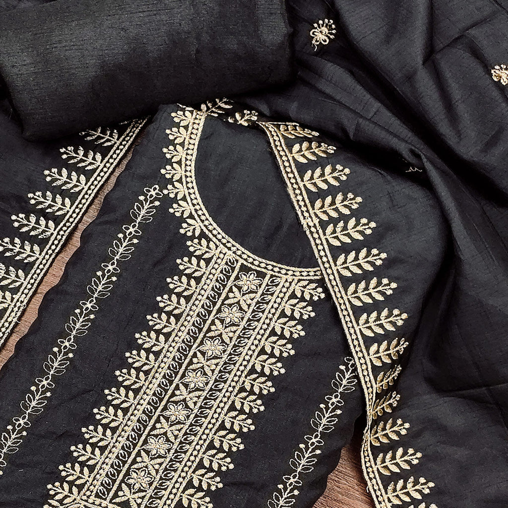 Black Cotton Blend Dress Material with Delicate Floral Zari Embroidery