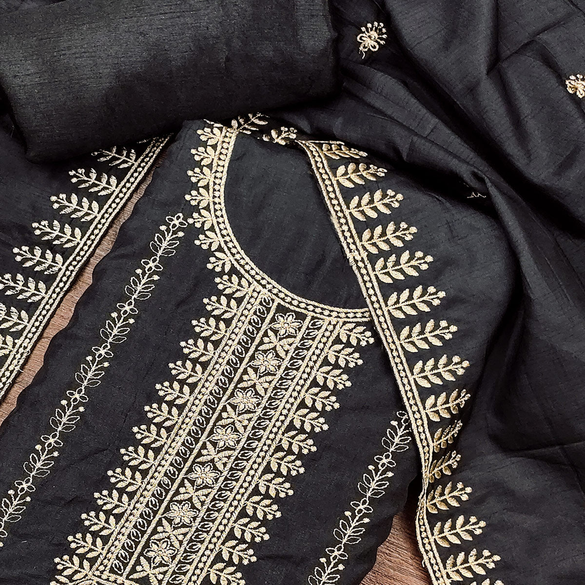 Black Cotton Blend Dress Material with Delicate Floral Zari Embroidery