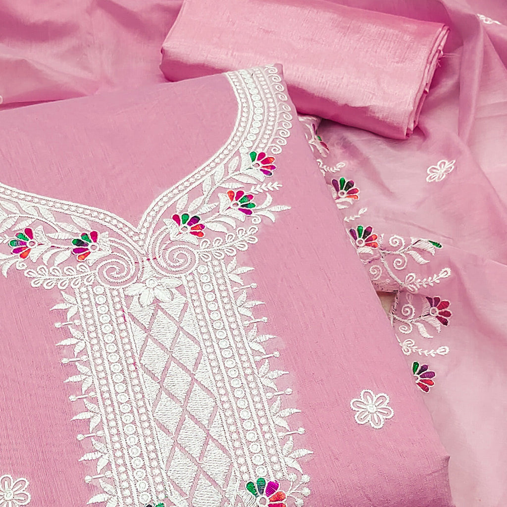 Pink Cambric Cotton Dress Material With Elegant Floral Embroidery Work