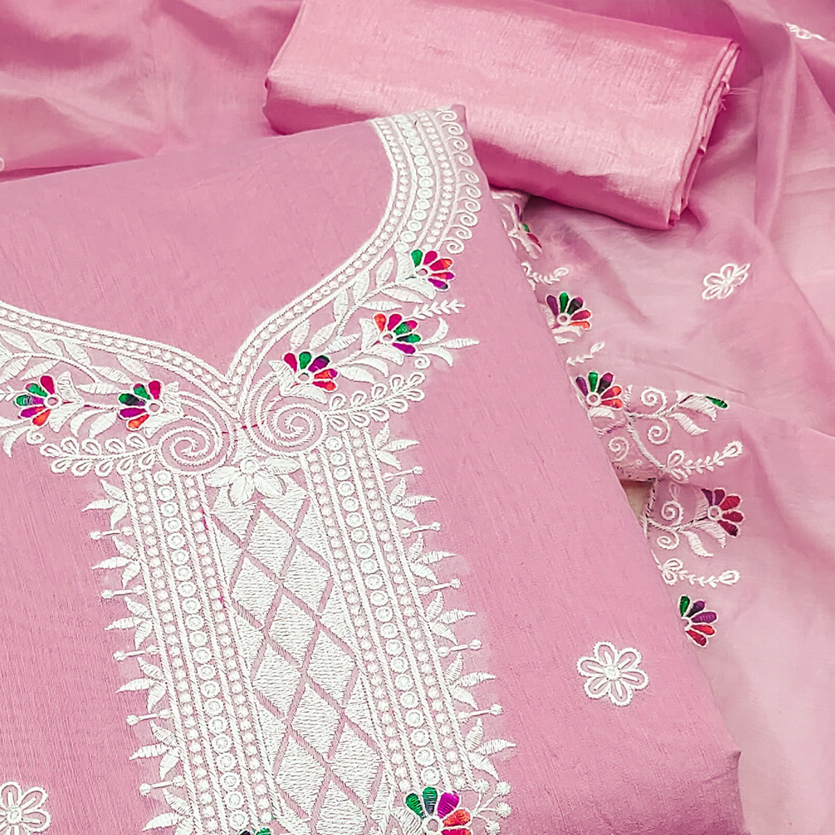 Pink Cambric Cotton Dress Material With Elegant Floral Embroidery Work
