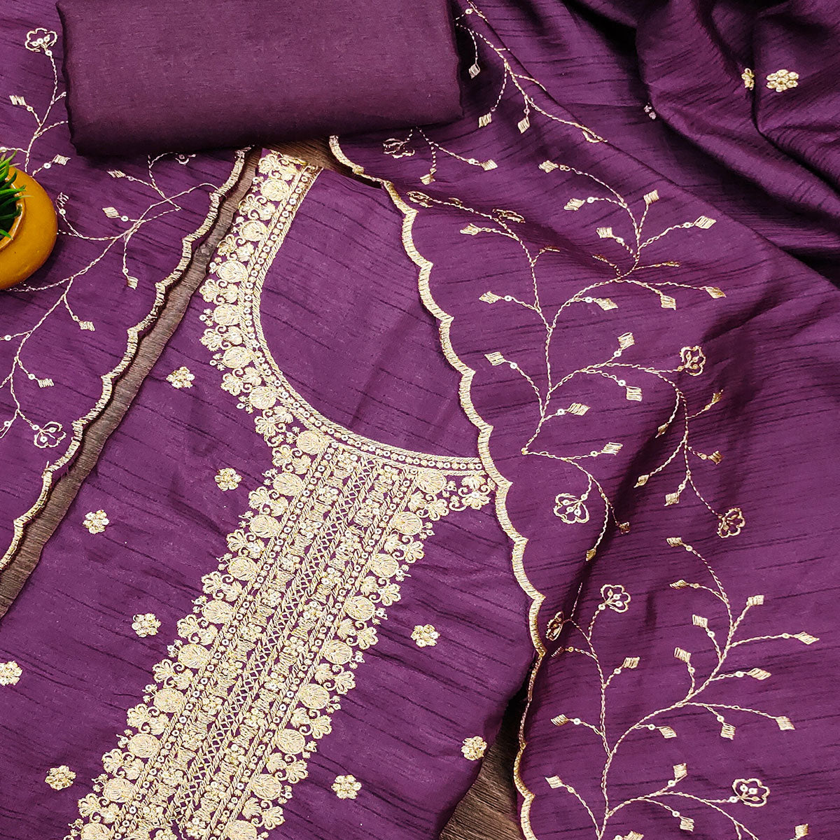 Dark Purple Cotton Silk Unstitched Dress Material Featuring Delicate Jalpari Embroidery