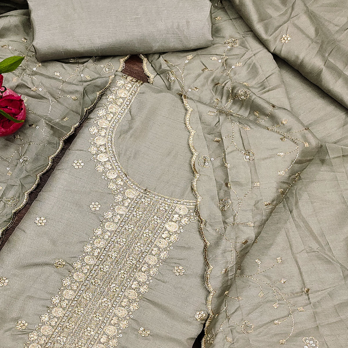 Grey Cotton Silk Unstitched Dress Material Featuring Delicate Jalpari Embroidery