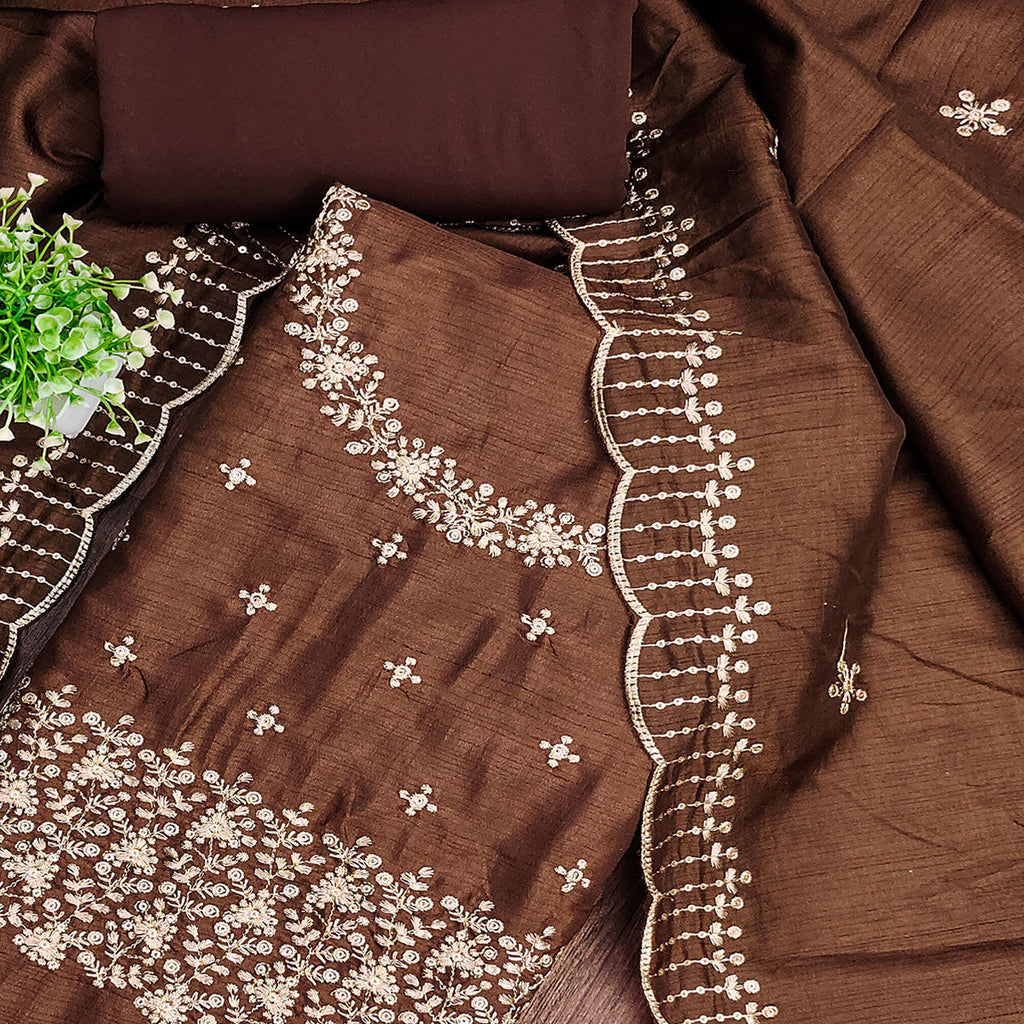 Brown Cotton Silk Dress Material with Traditional Jalpari Embroidery