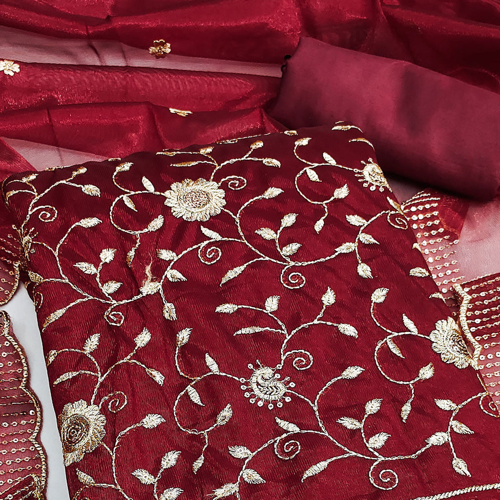 Maroon Unstitched Suit Material with Fine Floral Embroidery on Sheer Twill Net