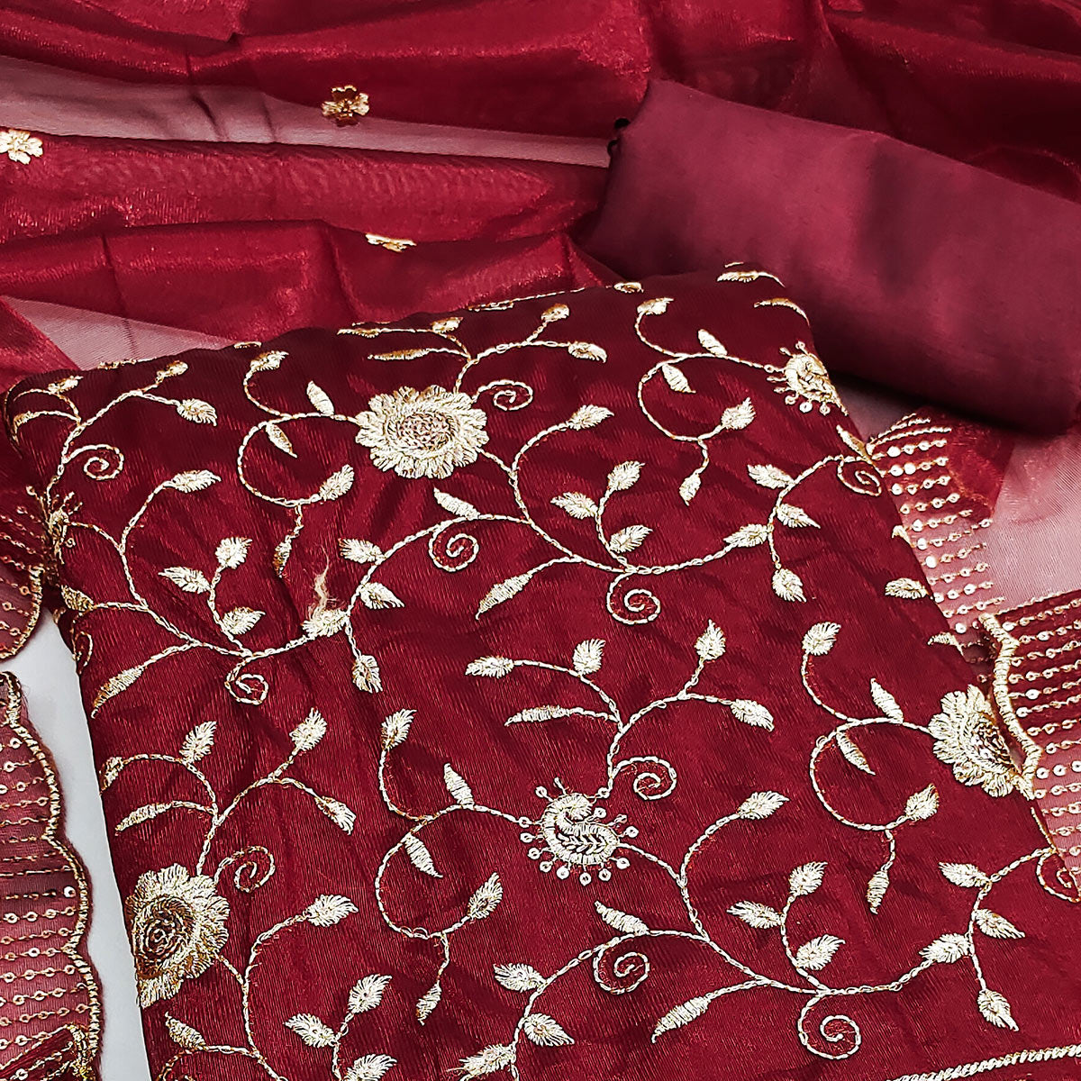 Maroon Unstitched Suit Material with Fine Floral Embroidery on Sheer Twill Net