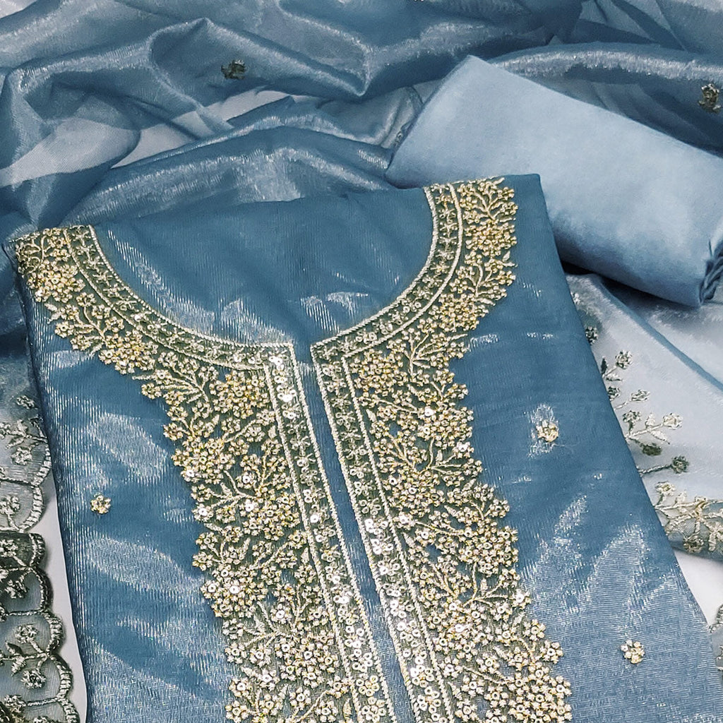Blue Designer Suit Material in Sheer Twill Net with Thread Embroidered Patterns