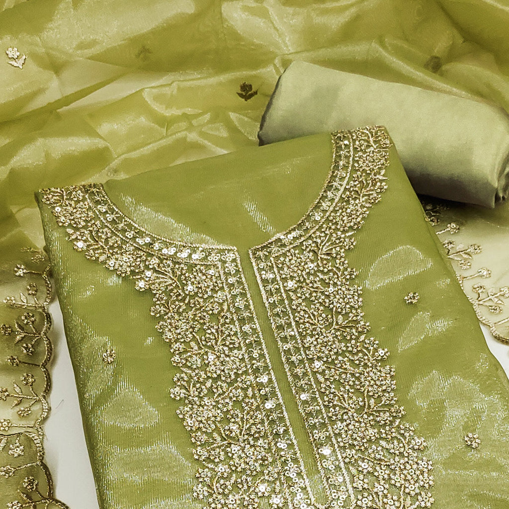 Green Designer Suit Material in Sheer Twill Net with Thread Embroidered Patterns
