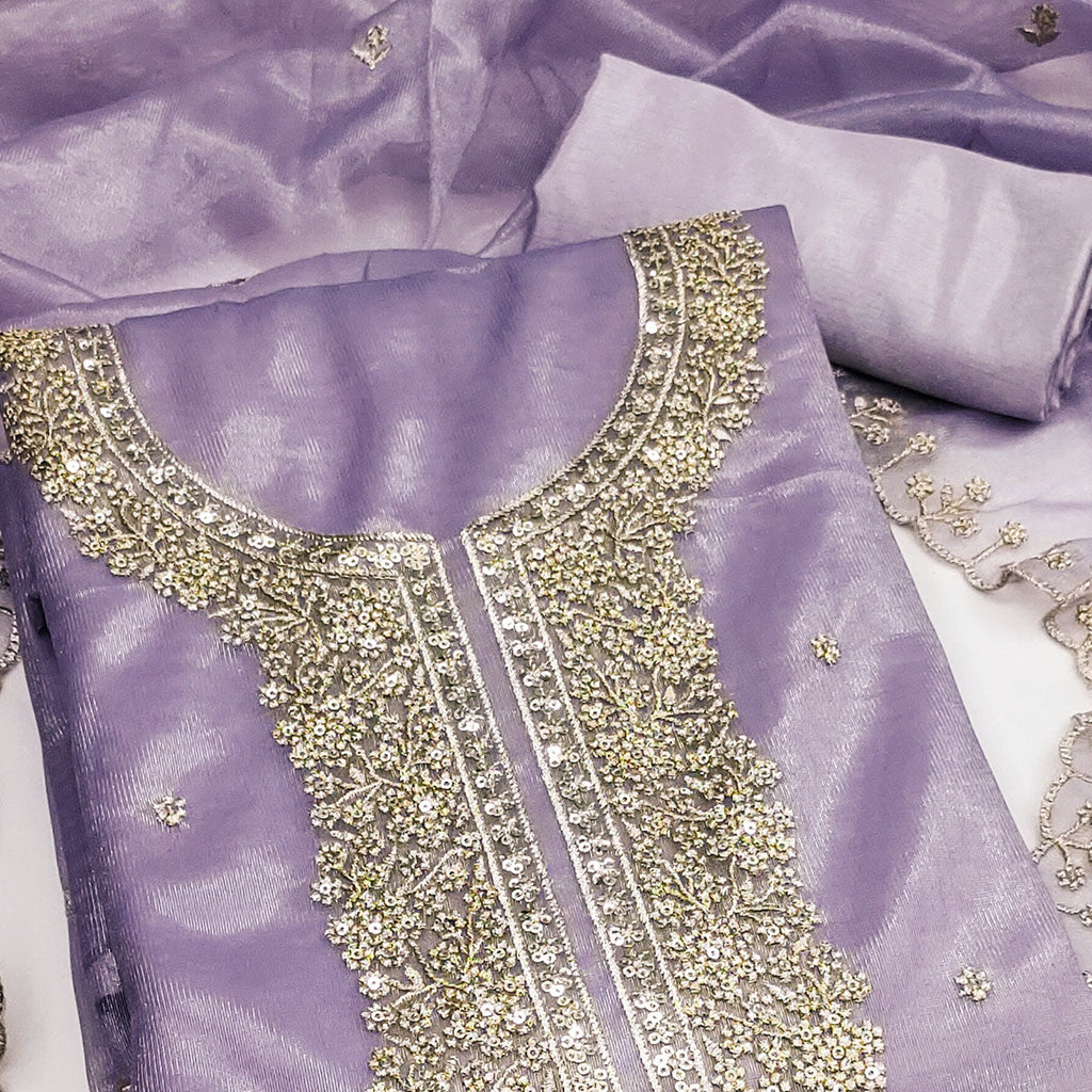 Lavender Designer Suit Material in Sheer Twill Net with Thread Embroidered Patterns