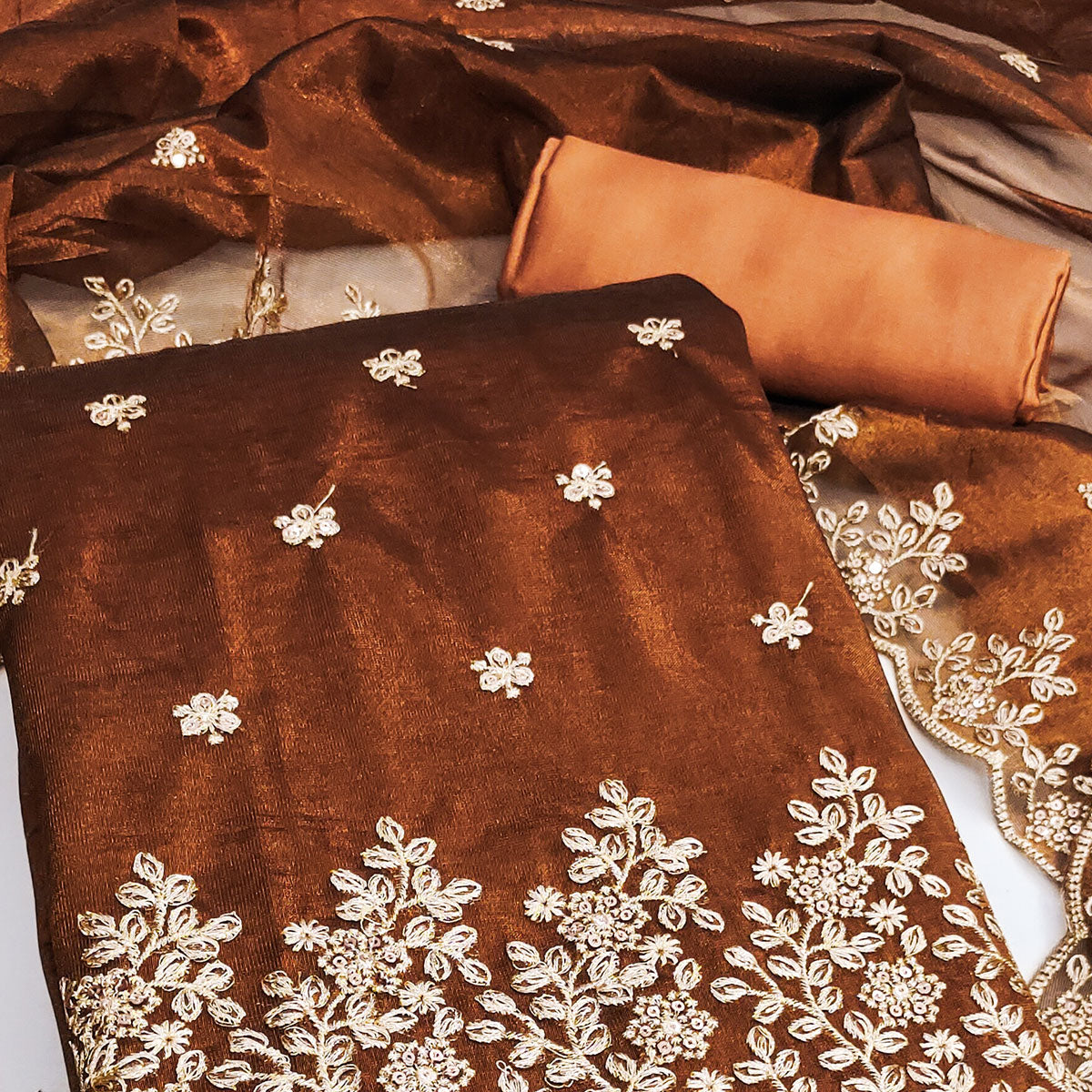 Brown Ethnic Twill Net Dress Material Embellished with Ornate Thread Embroidery