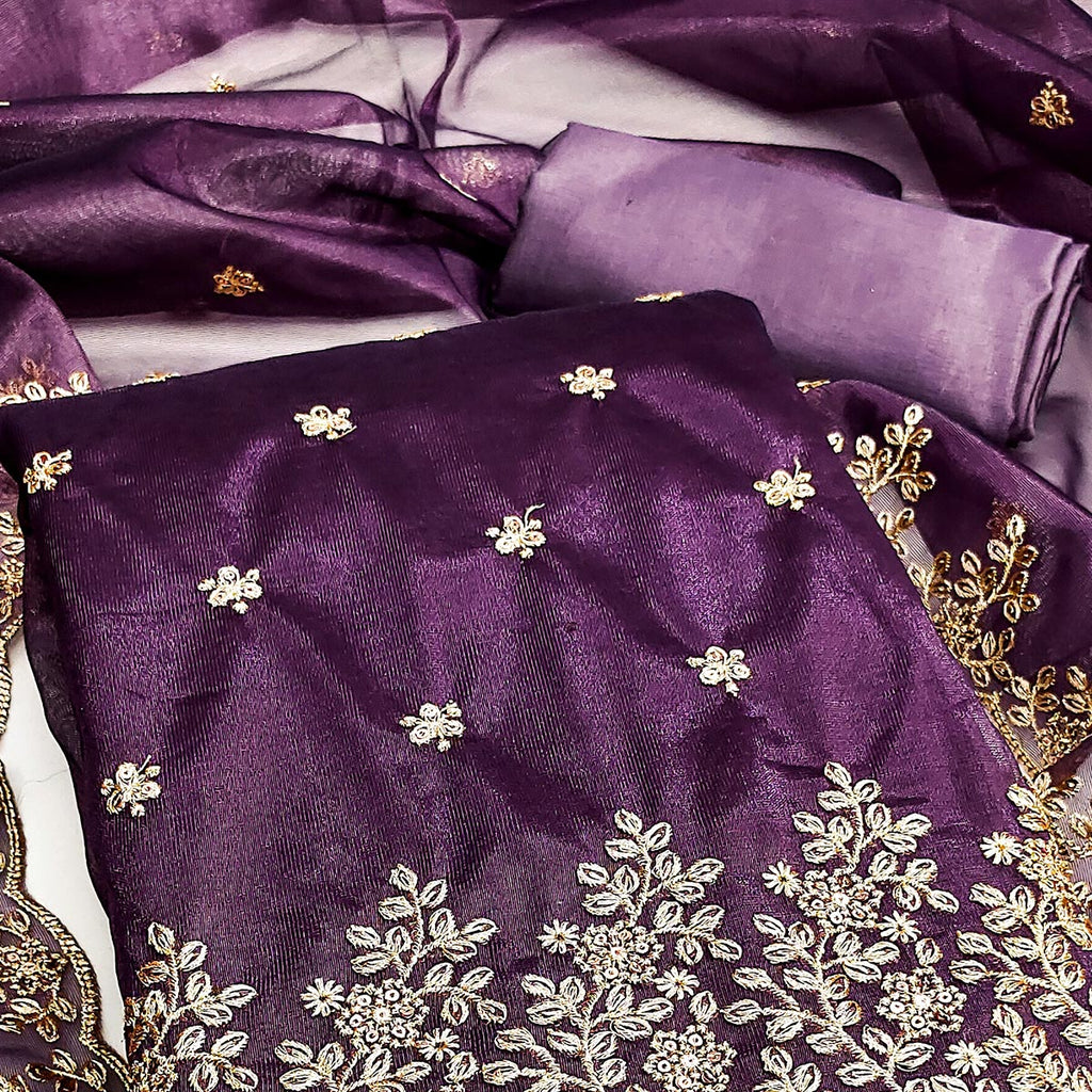Deep Purple Ethnic Twill Net Dress Material Embellished with Ornate Thread Embroidery