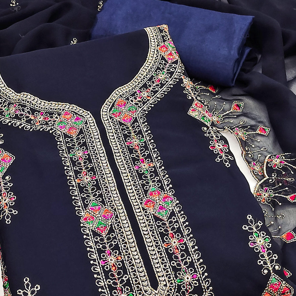 Blue Georgette Dress Material Enhanced With Graceful Floral Embroidery For An Elegant Ethnic Look