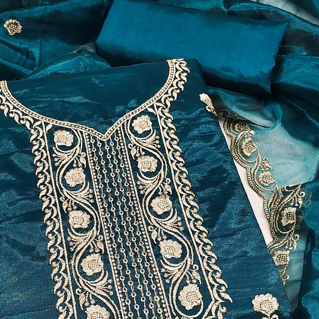 Blue Delight Floral  Embroidered Twill Net Dress Material