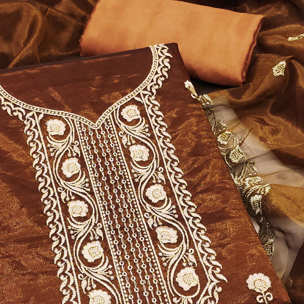 Dark Mustard Delight Floral  Embroidered Twill Net Dress Material