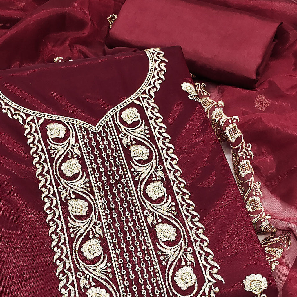 Maroon Delight Floral  Embroidered Twill Net Dress Material