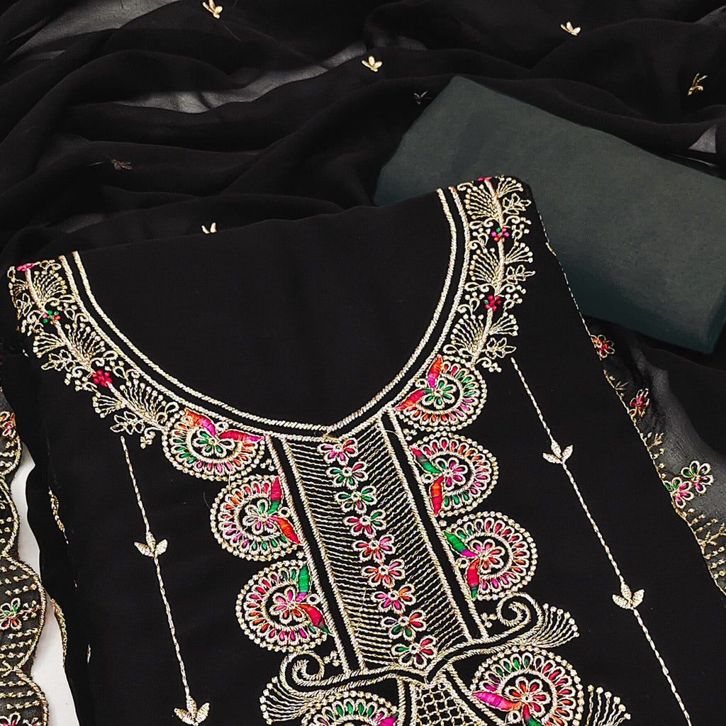 Black Floral Embroidered Unstitched Suit Fabric in Flowing Georgette