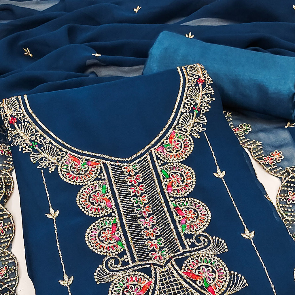 Blue Floral Embroidered Unstitched Suit Fabric in Flowing Georgette