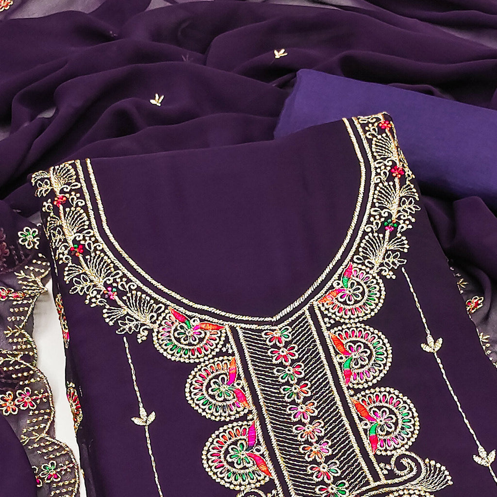 Deep Purple Floral Embroidered Unstitched Suit Fabric in Flowing Georgette
