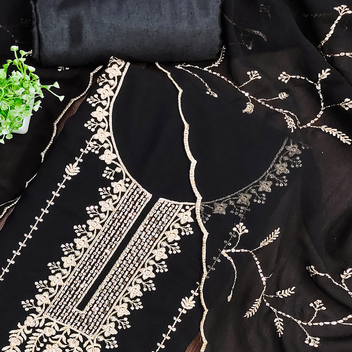 Black Georgette Unstitched Dress Material Adorned with Ornate Thread Embroidery