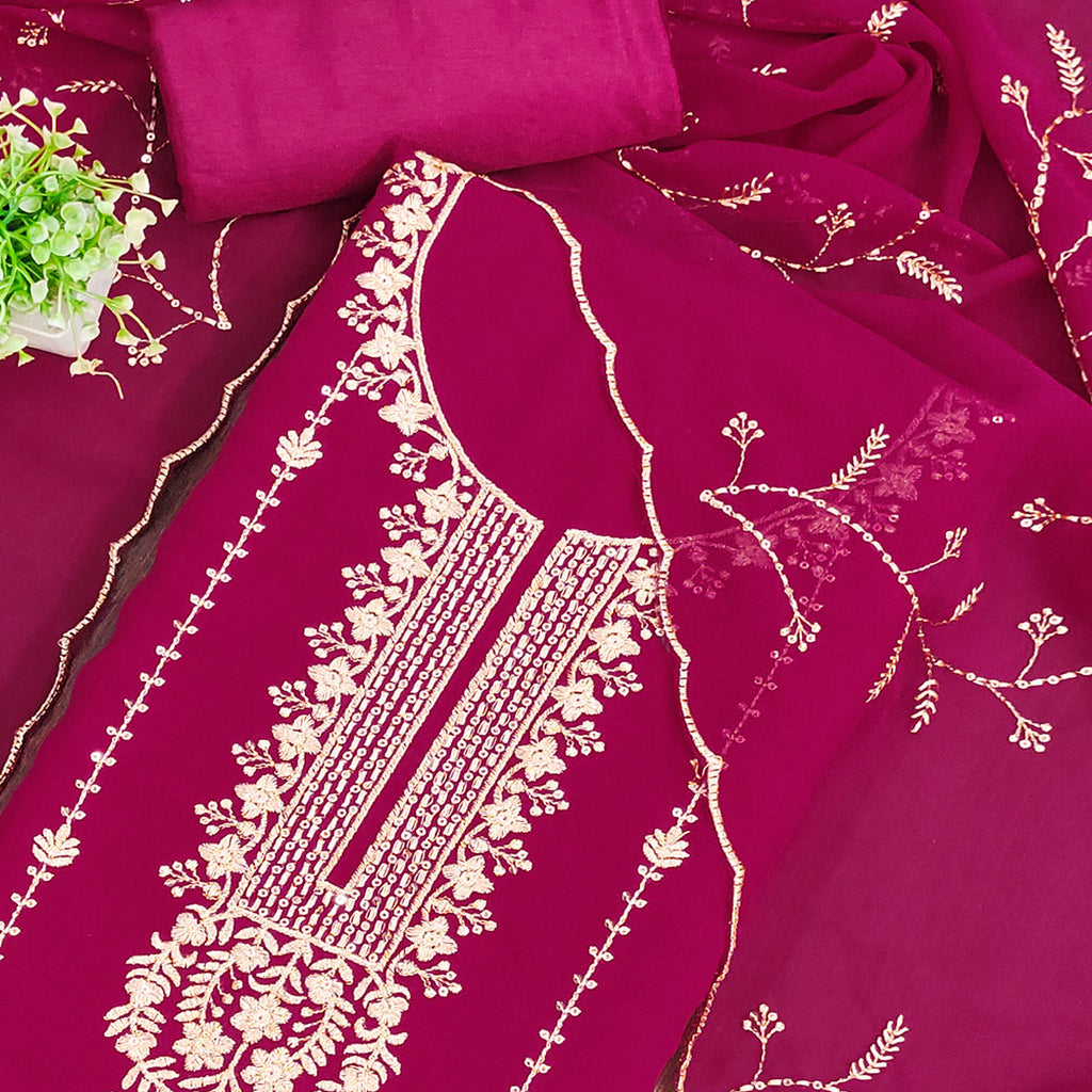 Pink Georgette Unstitched Dress Material Adorned with Ornate Thread Embroidery