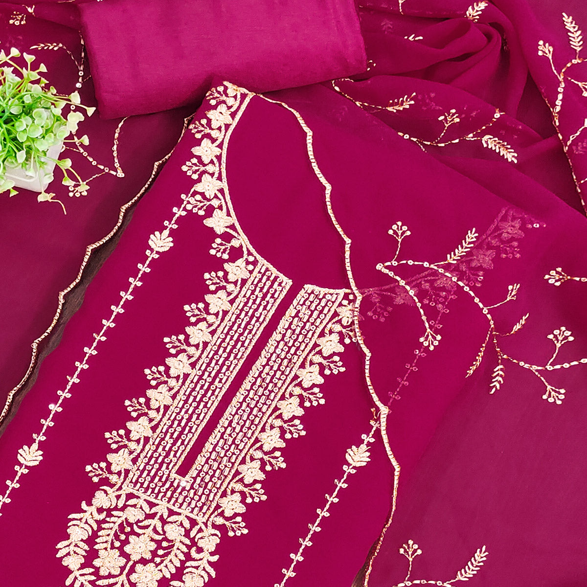 Pink Georgette Unstitched Dress Material Adorned with Ornate Thread Embroidery