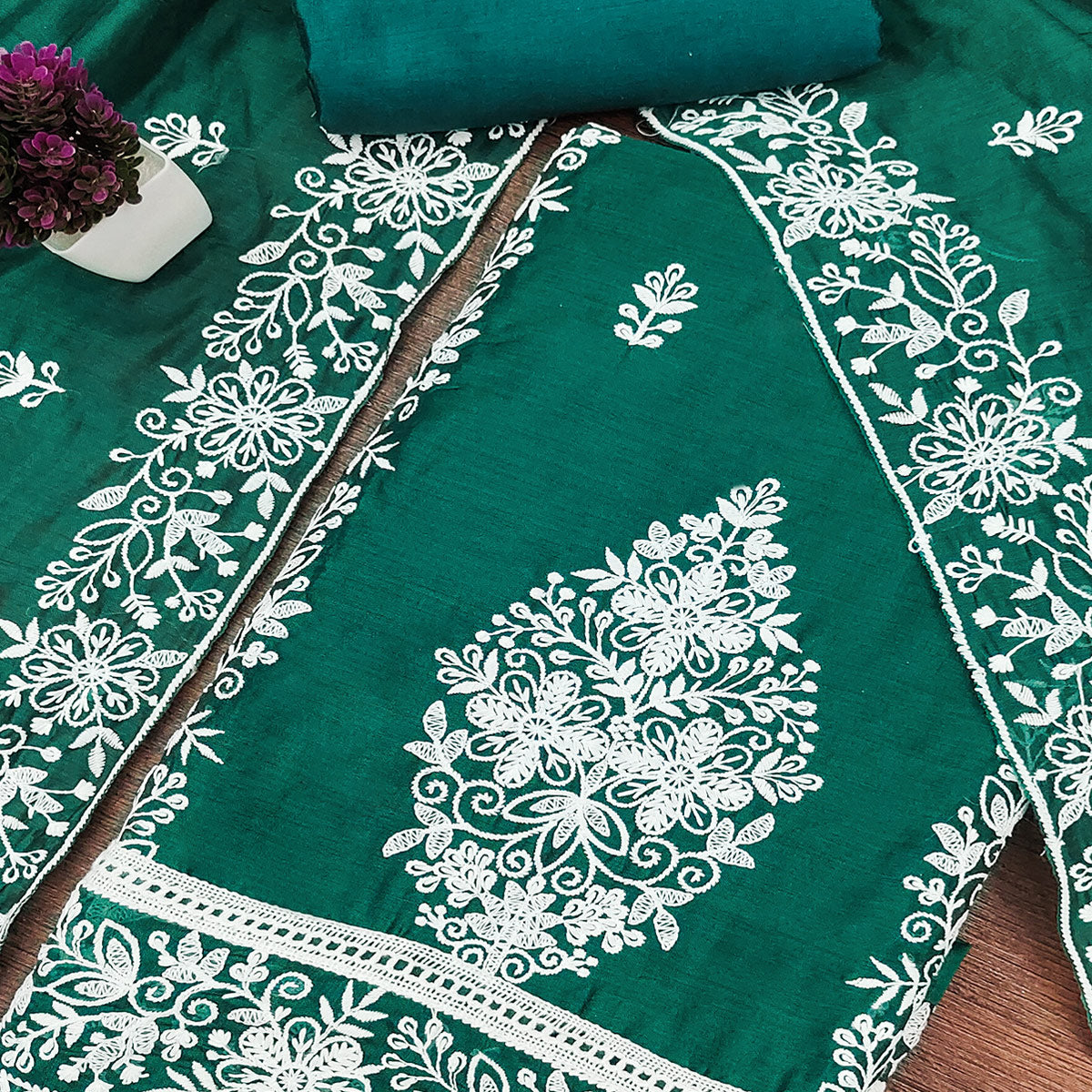 Green Chanderi Cotton Dress Material With Graceful Floral Thread Embroidery