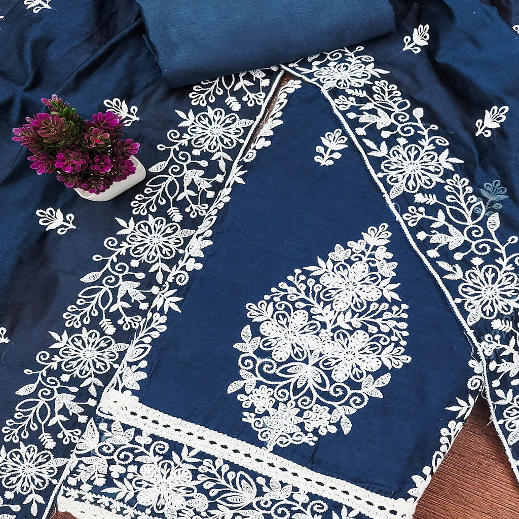 Navy Blue Chanderi Cotton Dress Material With Graceful Floral Thread Embroidery