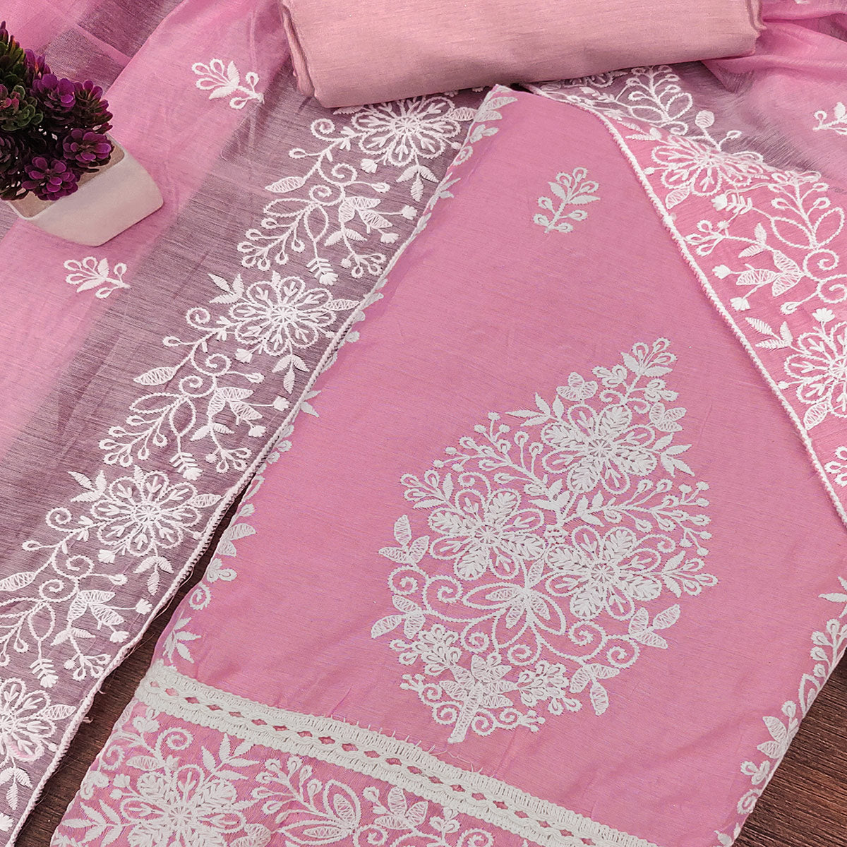 Pink Chanderi Cotton Dress Material With Graceful Floral Thread Embroidery