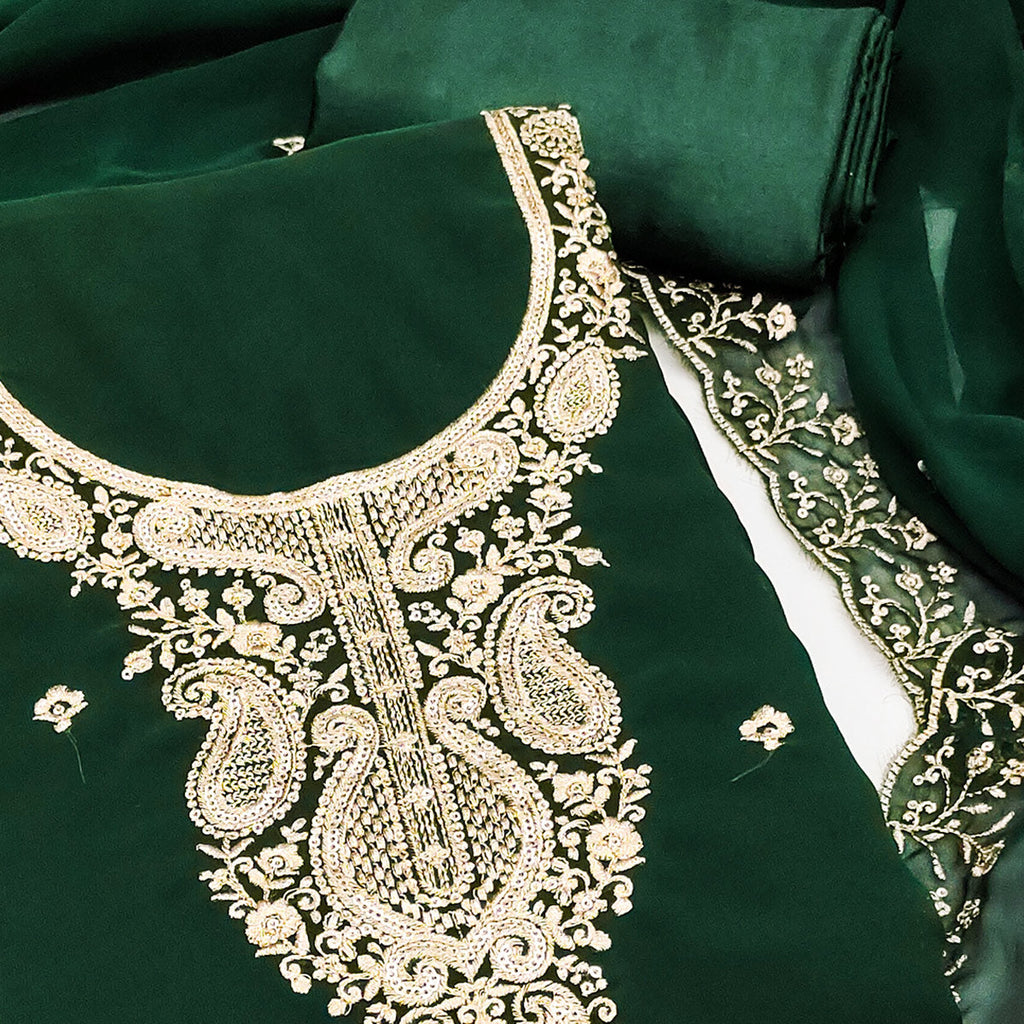 Green Georgette Dress Material Accentuated With Delicate Floral Embroidery & Sequins Work