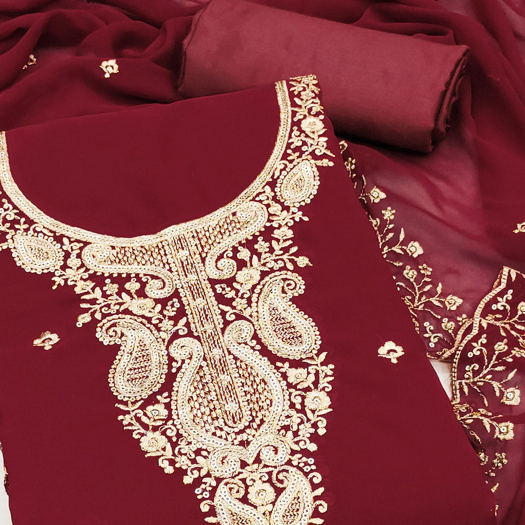 Maroon Georgette Dress Material Accentuated With Delicate Floral Embroidery & Sequins Work