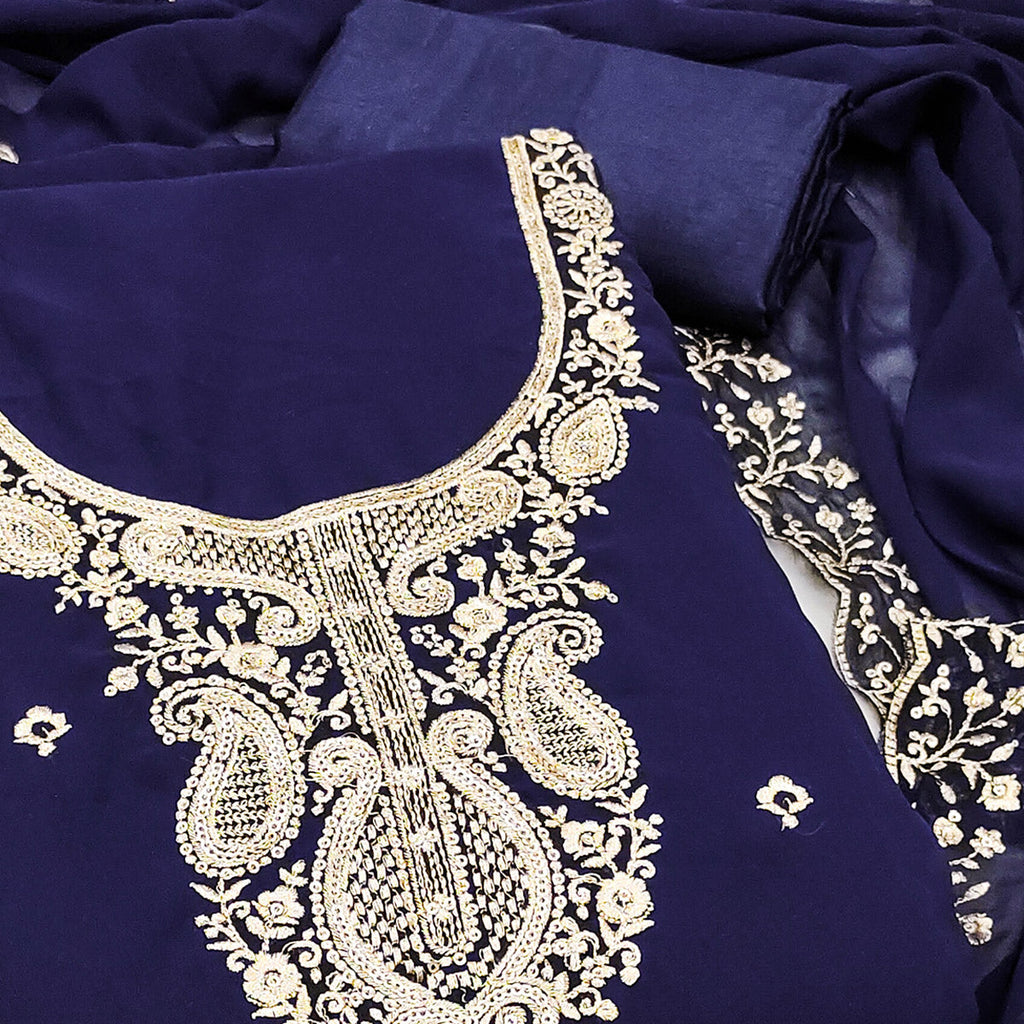 Navy Blue Georgette Dress Material Accentuated With Delicate Floral Embroidery & Sequins Work