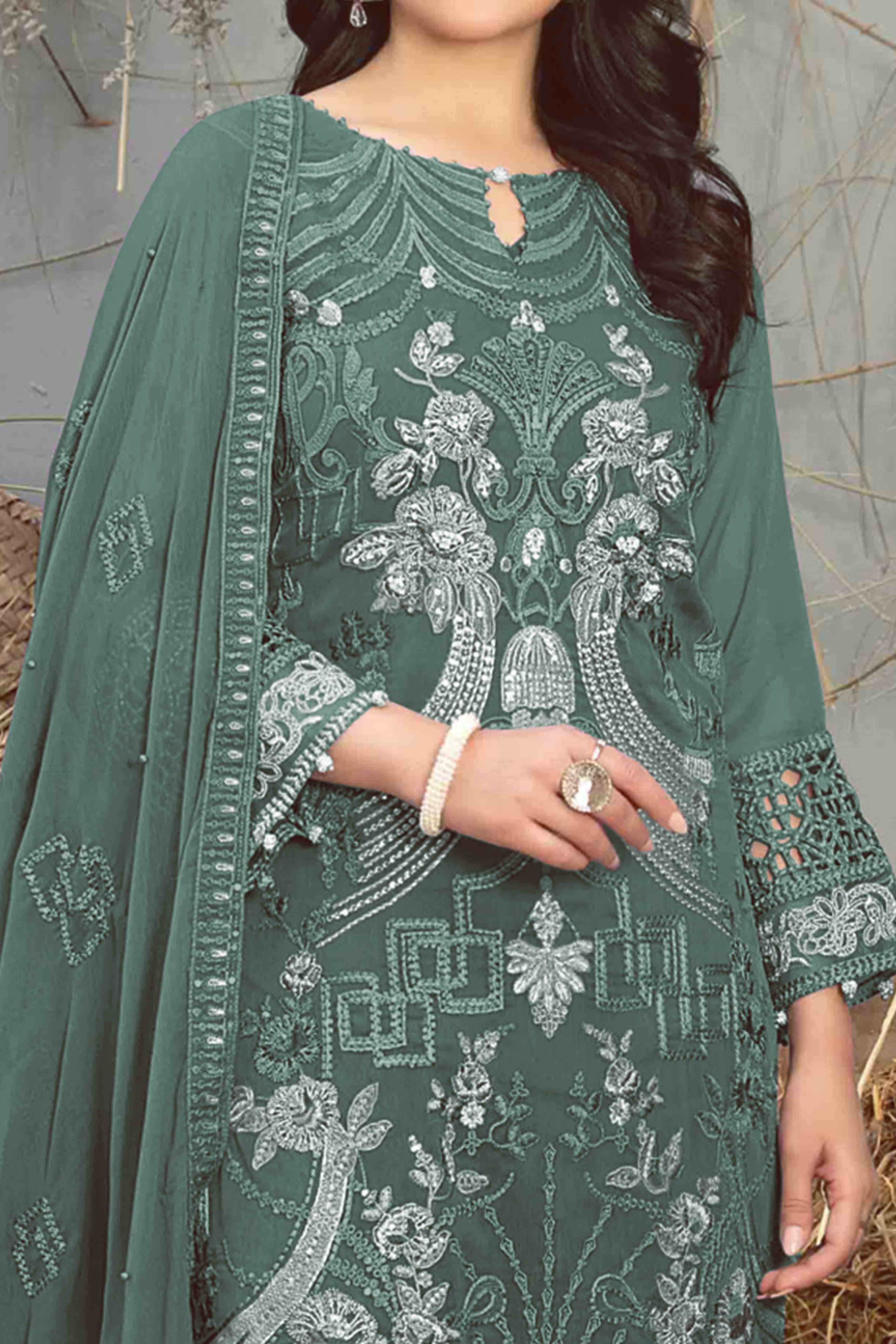 Dusty Green Floral Embroidered Heavy Georgette Dress Material