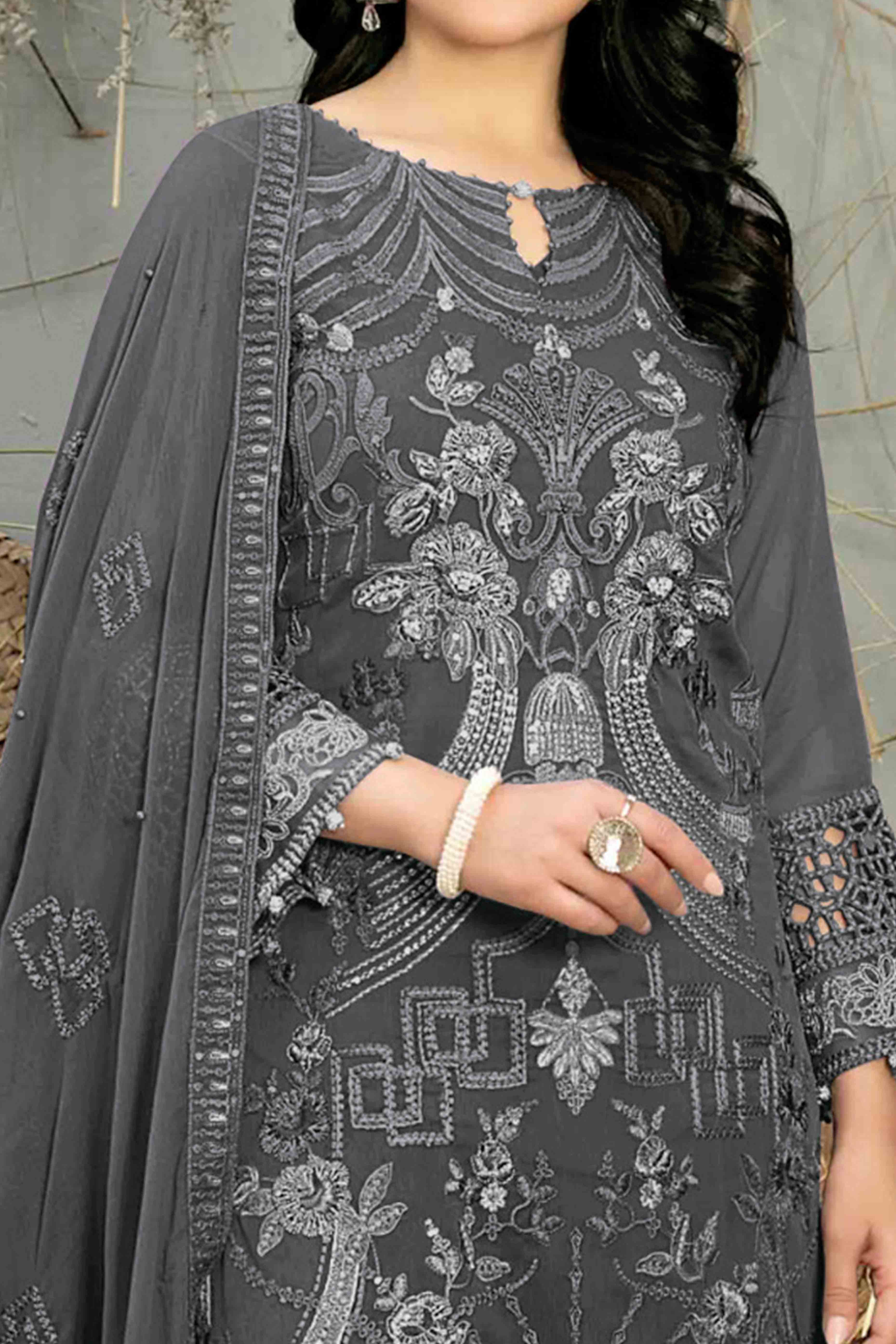 Dark Grey Floral Embroidered Heavy Georgette Dress Material