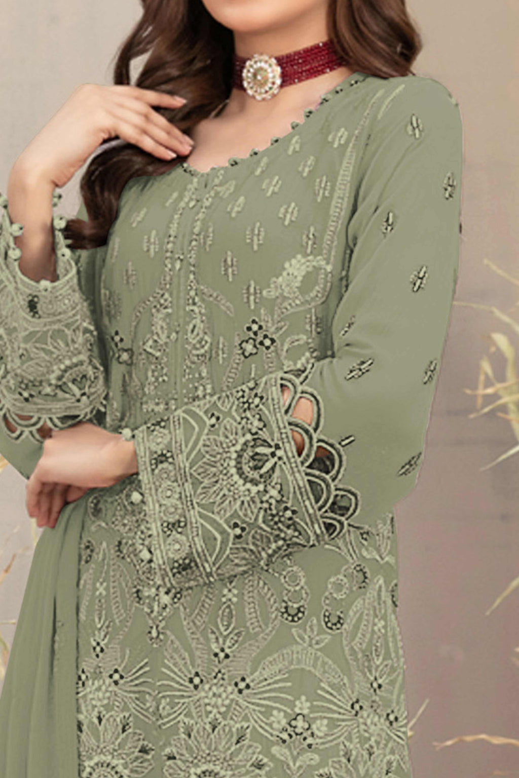 Pastel Green Floral Embroidered Heavy Georgette Dress Material