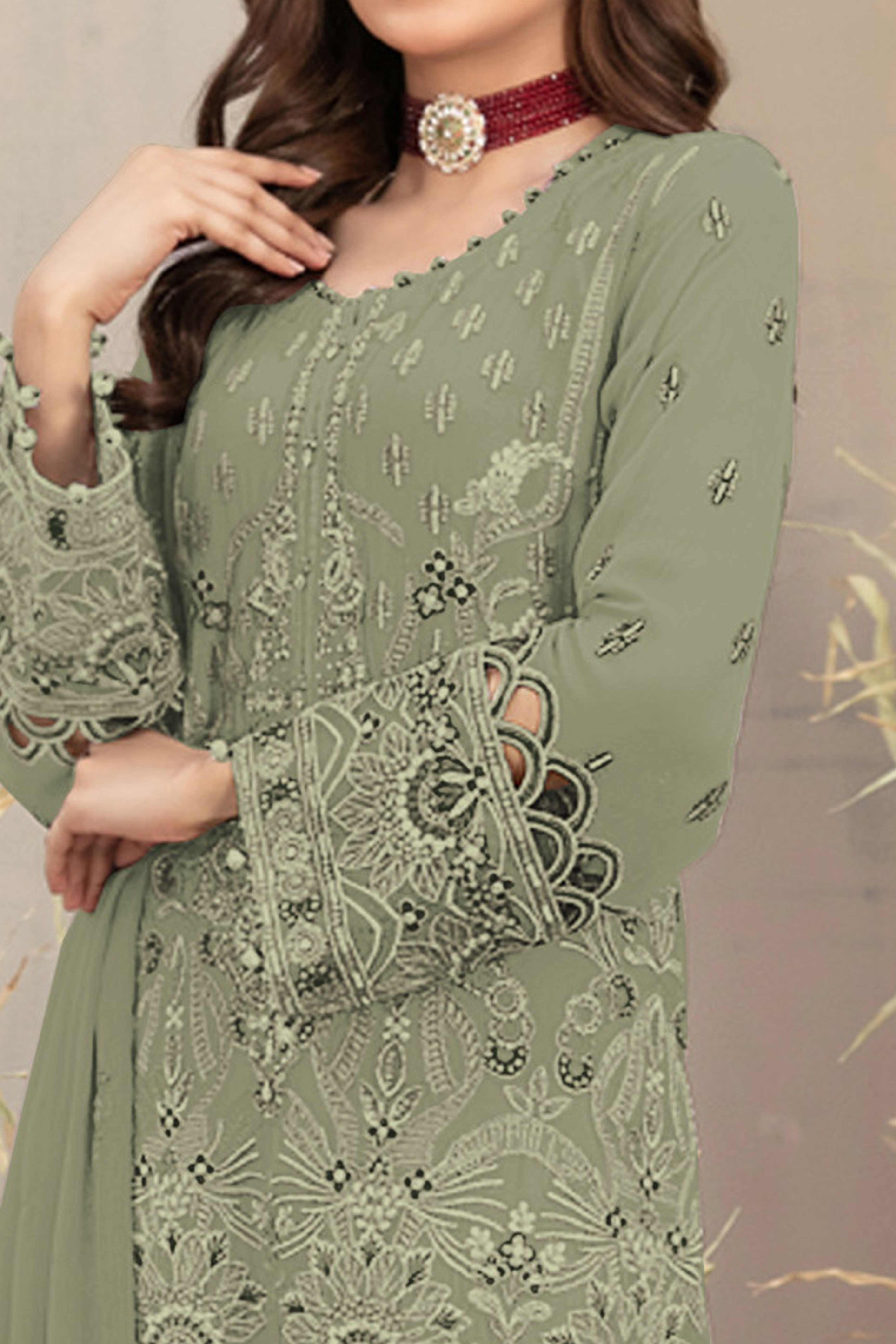 Pastel Green Floral Embroidered Heavy Georgette Dress Material