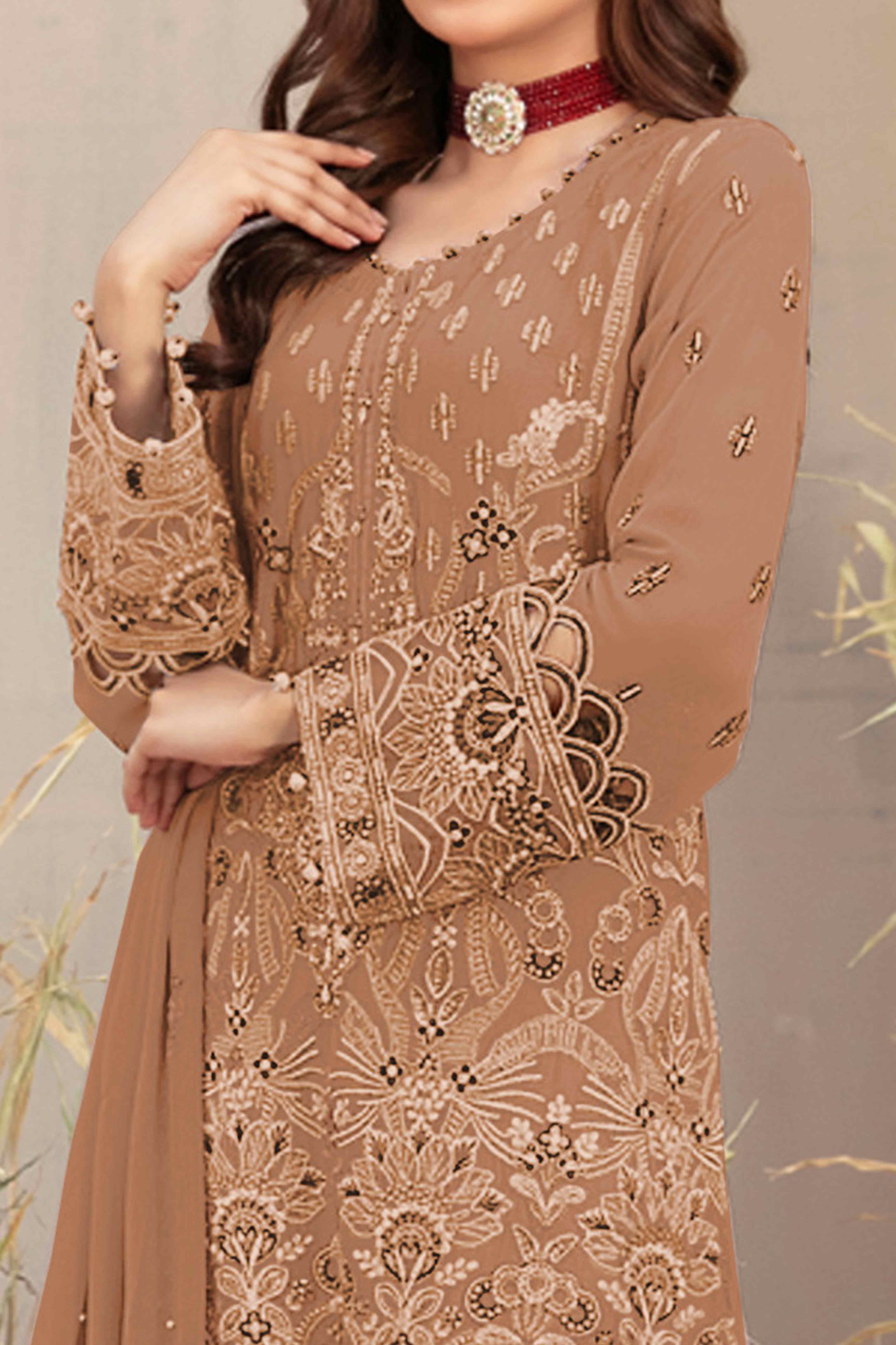 Chikoo Floral Embroidered Heavy Georgette Dress Material