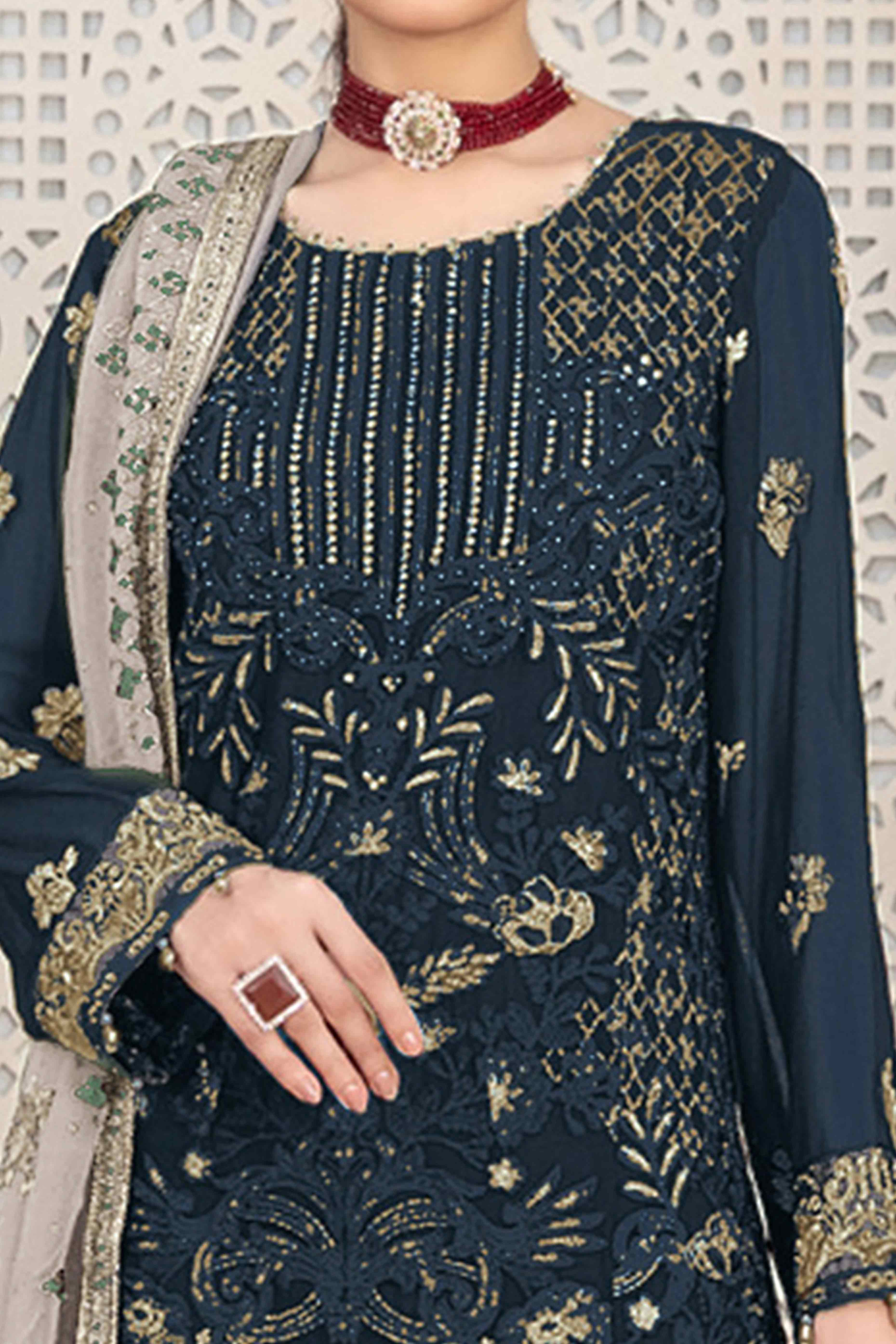 Navy Blue Floral Embroidered Georgette Dress Material