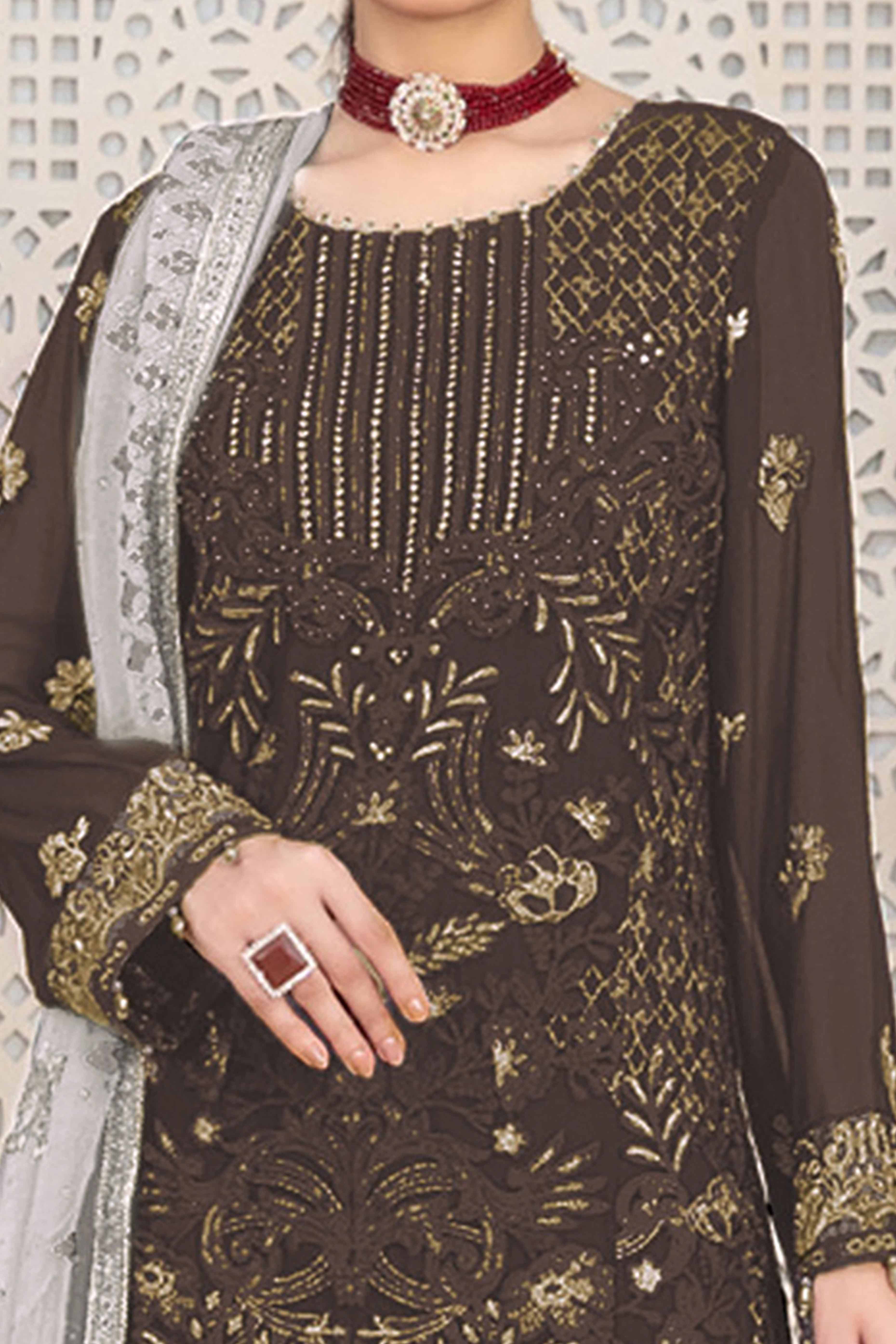 Brown Floral Embroidered Georgette Dress Material