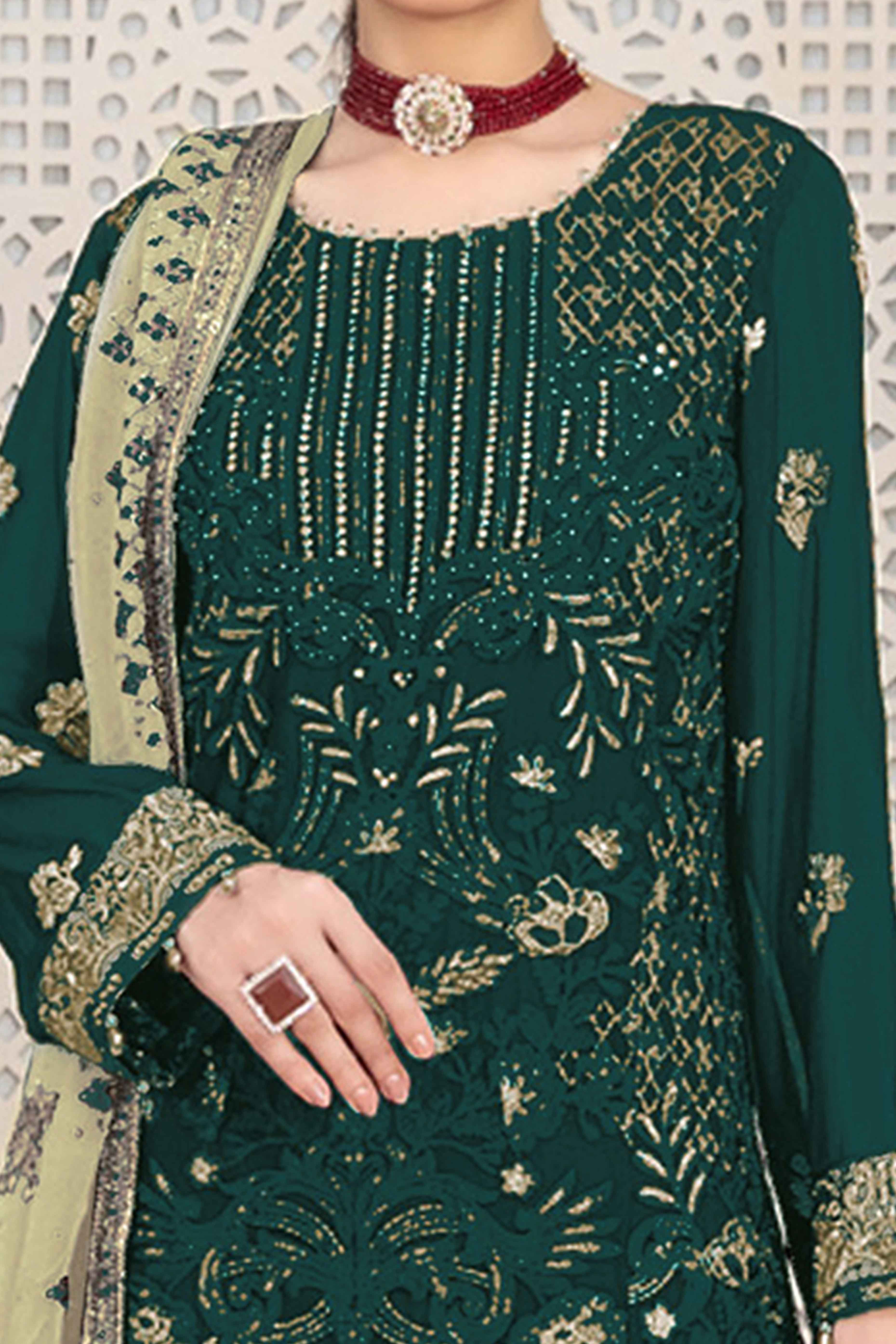 Green Floral Embroidered Georgette Dress Material