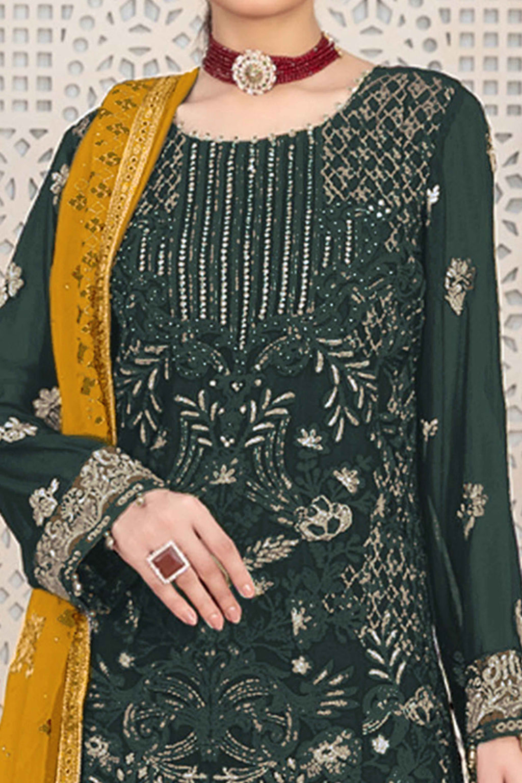Mehendi Green Floral Embroidered Georgette Dress Material