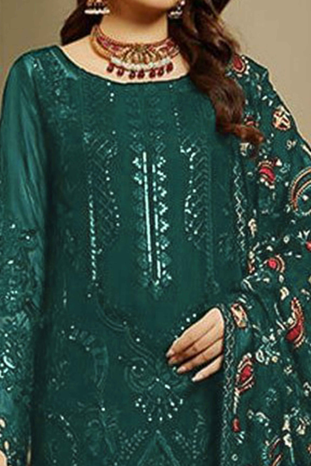 Green Heavy Embroidered Work Georgette Dress Material