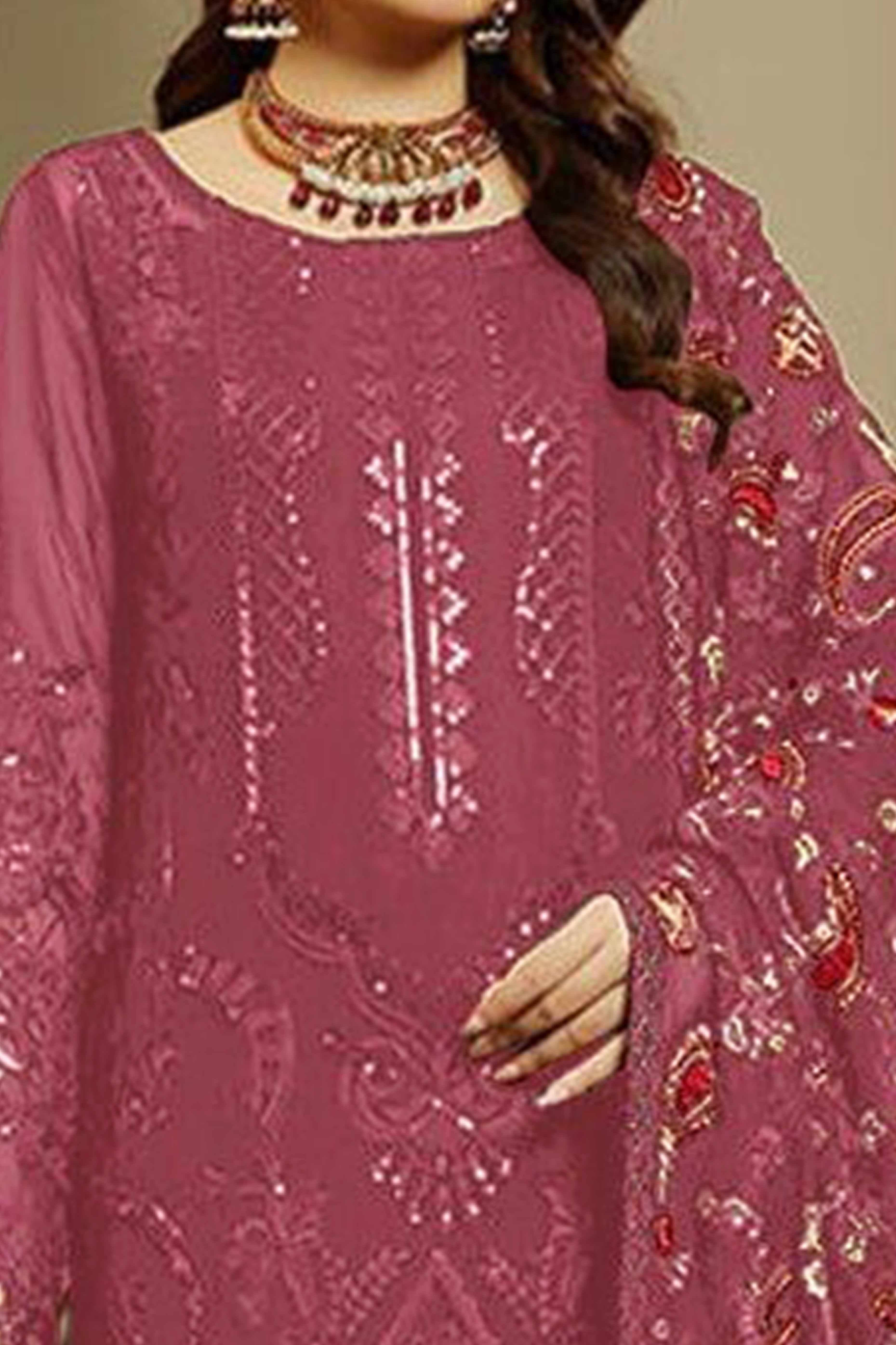 Dusty Pink Heavy Embroidered Work Georgette Dress Material