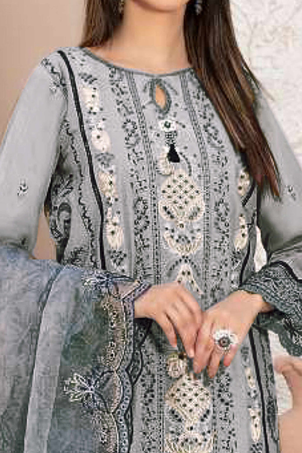 Grey Floral Design Dress Material Crafted from Lightweight Georgette Fabric